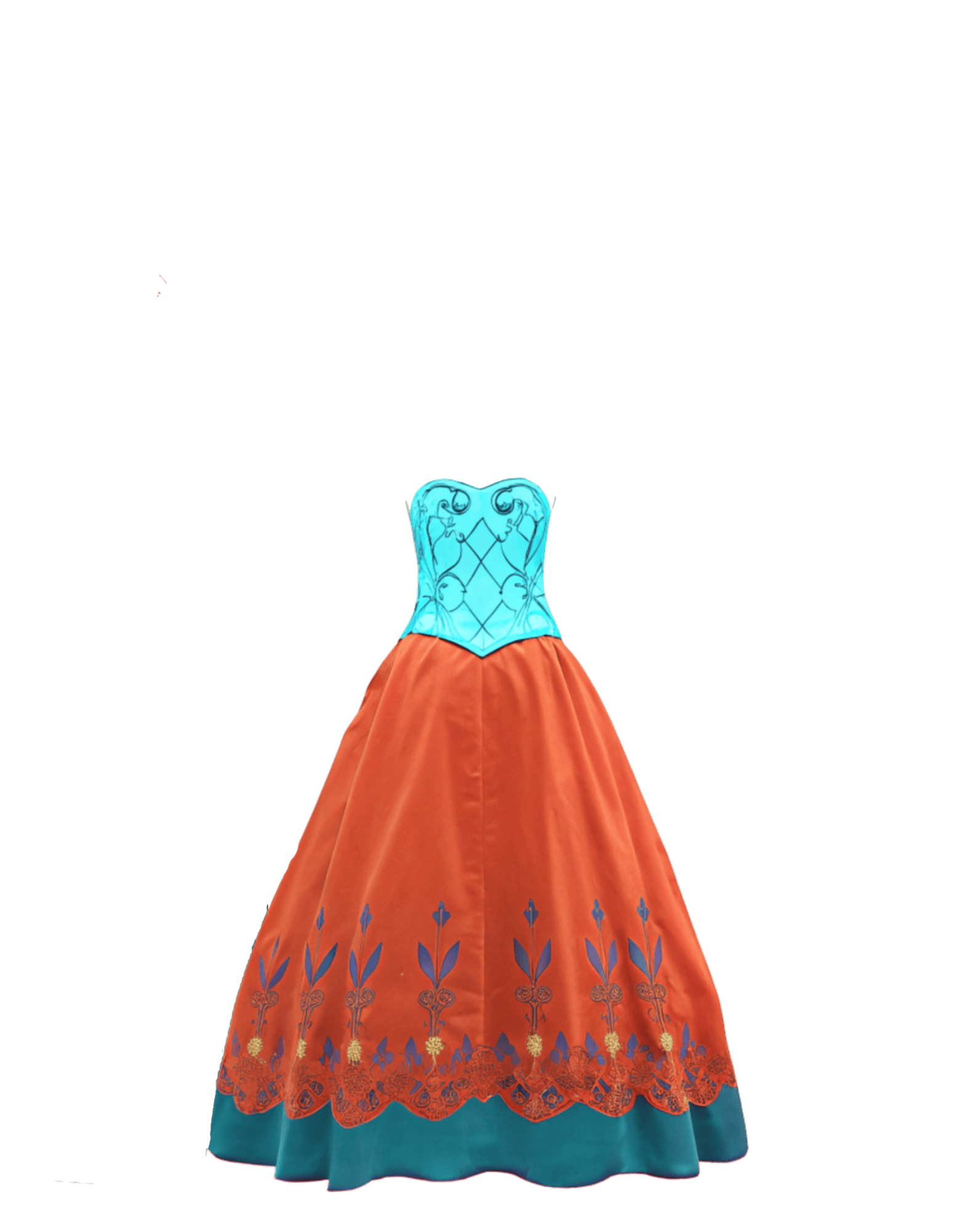 A full shot of a teal and burnt orange dress with embroidered detailing